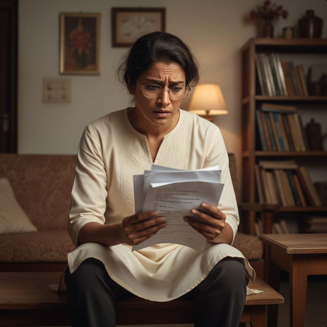 A stressed Indian citizen holding legal documents in an urban setting