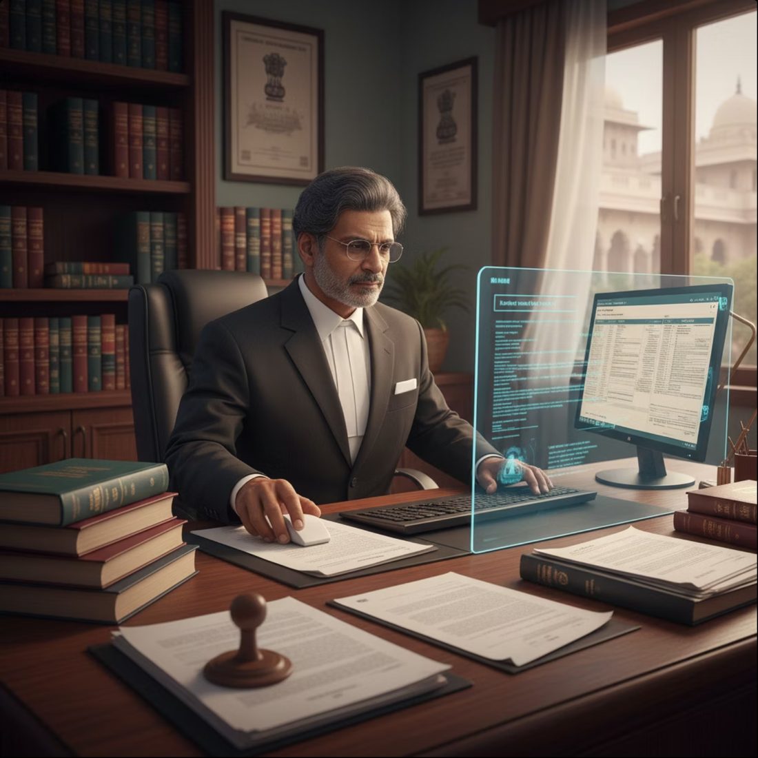 An Indian lawyer working efficiently with modern legal technology